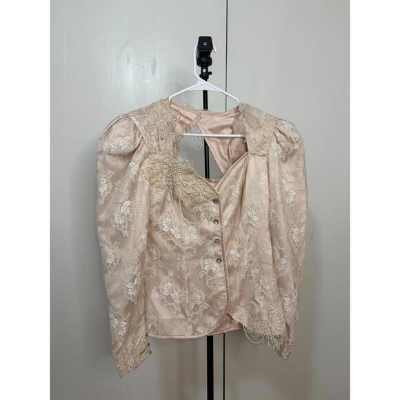 Vintage Lace & Satin Pearl-Embellished Blouse Jacket – Women’s Size 12